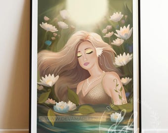 Undine Wall Art - Water Goddess, Water Spirit Symbol of Sensuality, Mermaid, Flowers, Strengthening Primal Femininity, Wild Woman Artwork, Premium Poster