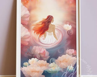 Undine Wall Art - Water Goddess, Water Spirit, Symbol of Life Force, Mermaid, Sea of Flowers, Goddess Painting, Spiritual Art, Fine Art Poster