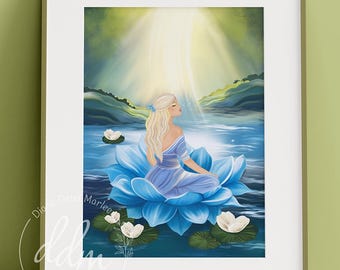 Nature Goddess Wall Art - Woman meditating in lotus position, symbol of connection to nature, wild woman artwork, feminine energy, sea goddess sunlight