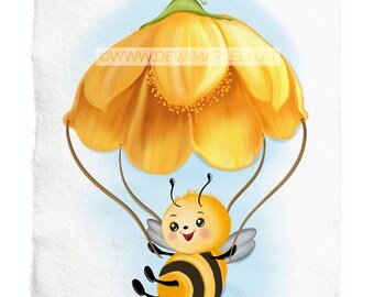 Happy bee with flower parachute – nursery poster, bee picture for children, animal illustration, hand-painted, happy bee, nursery art
