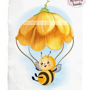 Abeja feliz con paracaídas de flores: póster infantil, ilustración de animal pintada a mano, abeja feliz, ilustración única, arte mural infantil