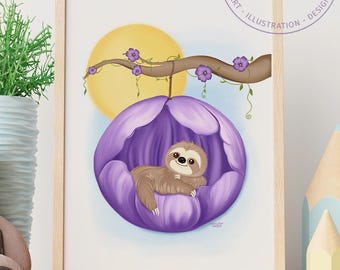 Sloth in a purple fantasy flower – Poster for children's room, baby room, sloth illustration, nursery print, artwork for kids, happy sloth