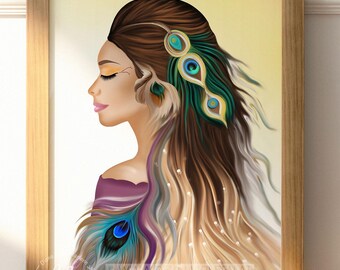 Goddess of Wisdom - Wall art for life force, portrait of a woman with a wild soul, peacock ornament, Bohemian, wild feminine artwork, soul art print