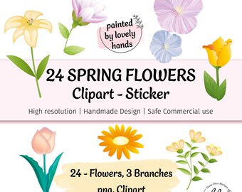 Spring Flowers Clipart Set – Hand-drawn designs, cartoon look, abstract, PNG, mini pack for craft projects, tulips, lilies, spring flowers