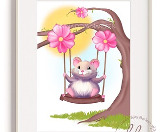 Happy mouse on a wooden swing – poster for the children's room, baby's room, nursery wall art, artwork for kids, happy mouse, kids illustration