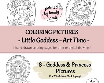 Little Goddess coloring pages, coloring pages for kids, princess, girl - hand-painted, conscious drawing, coloring page with flowers, jewelry