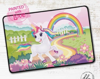 "Unicorn" desk mat on the way to the rainbow, glitter, friendly design for children, magical world, hand-painted, cartoon unicorn