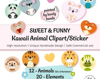 Kawaii Animals Cartoon Pattern Clipart Set – hand-drawn designs, PNGs, mini pack craft projects, childlike design, panda, koala, dino and more.