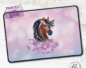 Desk mat "Horse" with lilac blossoms, bokeh, glitter mane, spring picture for horse lovers, hand-painted, artwork desk pad