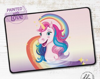 "Unicorn" desk mat with rainbow, glitter, friendly unicorn, magical world, hand-painted cartoon design, table mat, mythical creature