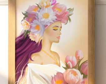 Blossom Goddess - Wall art depicting a spring goddess for life energy, spiritual art, portrait of a woman with a floral headdress, meditative art