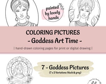Goddess coloring pages - hand-painted motifs for meditative drawing, printable art, divine feminine line art