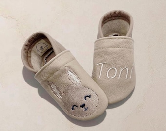 Gepersonaliseerde babyschoentjes met naam | Konijntje | Leren babyschoentjes | Zachte blotevoetschoentjes voor kinderen | Cadeau voor geboorte | Doop | Verjaardag | Handgemaakt