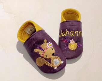 Gepersonaliseerde babyschoentjes met naam | Eekhoorn | Leren babyschoentjes | Zachte blotevoetschoentjes voor kinderen | Geboortecadeau | Doopcadeau | Verjaardagscadeau | Handgemaakt