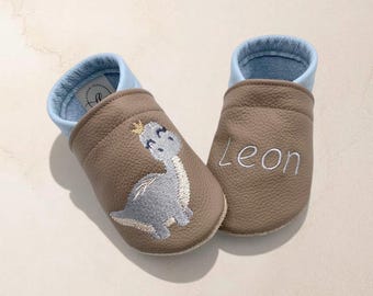 Gepersonaliseerde babyschoentjes met naam | Dinosaurus | Leren babyschoentjes | Zachte blotevoetschoentjes voor kinderen | Geboortecadeau | Doopcadeau | Verjaardagscadeau | Handgemaakt | Babyschoentjes