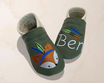 Gepersonaliseerde babyschoentjes met naam | Vos | Leren babyschoentjes | Zachte blotevoetschoentjes voor kinderen | Geboortecadeau | Doopcadeau | Verjaardagscadeau | Handgemaakt | Babyschoentjes