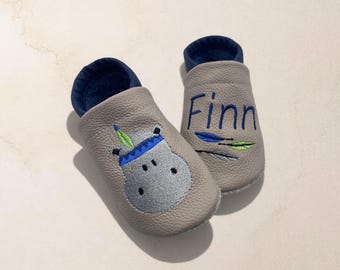 Gepersonaliseerde babyschoentjes met naam | Nijlpaard | Leren babyschoentjes | Zachte blotevoetschoentjes voor kinderen | Cadeau voor geboorte | Doop | Verjaardag | Handgemaakt
