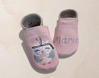 Gepersonaliseerde babyschoentjes met naam | Boho uil | Leren babyschoentjes | Zachte blotevoetschoentjes voor kinderen | Geboortecadeau | Doopcadeau | Verjaardagscadeau | Handgemaakt