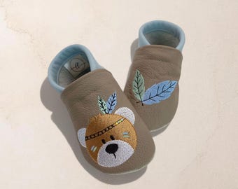 Krabbelschuhe personalisiert mit Namen|Bär|Boho|Lederpuschen Baby|weiche Barfußschuhe Kinder|Geschenk Geburt|Taufe|Geburtstag|Handmade