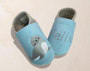 Gepersonaliseerde babyschoentjes met naam | Seal | Leren babyschoentjes | Zachte blotevoetschoentjes voor kinderen | Geboortecadeau | Doopcadeau | Verjaardagscadeau | Handgemaakt | Babyschoentjes