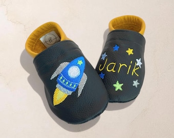 Gepersonaliseerde babyschoentjes met naam | Raket | Ruimte | Leren babyschoentjes | Zachte blotevoetschoentjes voor kinderen | Geboortecadeau | Doopcadeau | Verjaardagscadeau | Handgemaakt