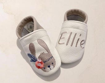 Gepersonaliseerde babyschoentjes met naam | Konijntje | Boho | Leren babyschoentjes | Zachte blotevoetschoentjes voor kinderen | Geboortecadeau | Doopcadeau | Verjaardagscadeau | Handgemaakt