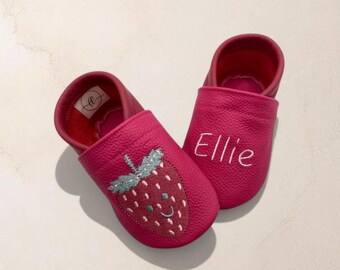 Gepersonaliseerde babyschoentjes met naam | Aardbei | Fruit | Leren babyschoentjes | Zachte blotevoetschoentjes voor kinderen | Geboortecadeau | Doopcadeau | Verjaardagscadeau | Handgemaakt