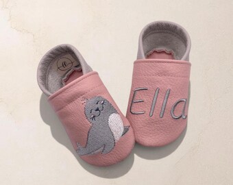 Gepersonaliseerde babyschoentjes met naam | Seal | Leren babyschoentjes | Zachte blotevoetschoentjes voor kinderen | Geboortecadeau | Doopcadeau | Verjaardagscadeau | Handgemaakt