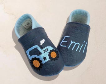 Gepersonaliseerde babyschoentjes met naam | Tractor | Leren babyschoentjes | Zachte blotevoetschoentjes voor kinderen | Geboortecadeau | Doopcadeau | Verjaardagscadeau | Handgemaakt