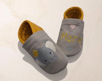Gepersonaliseerde babyschoentjes met naam | Olifant | Kroon | Leren babyschoentjes | Zachte blotevoetschoentjes voor kinderen | Geboortecadeau | Doopcadeau | Verjaardagscadeau | Handgemaakt