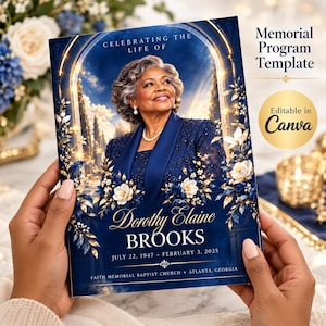 May include: A memorial programme template featuring a portrait of a woman in a dark blue blazer, surrounded by gold and white floral accents against a blue arched background. Text includes Celebrating the Life of, Dorothy Elaine Brooks, dates, and location.