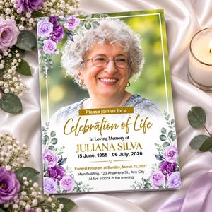 Editable Funeral Program Template | Lavender Floral Memorial Booklet |  Folded to 8.5x11 | 8 Pages (Canva)