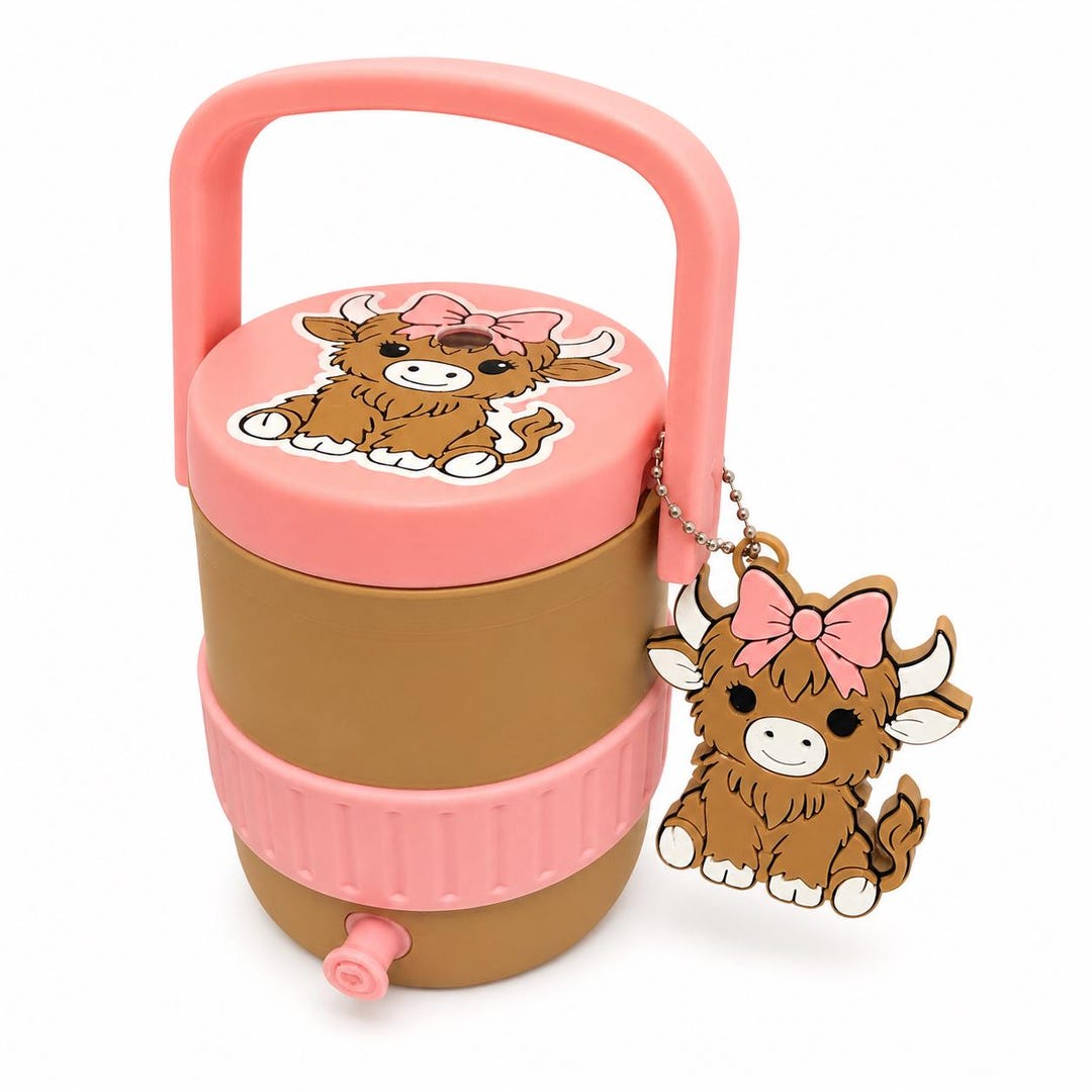 Highland Cow Can Cooler With Bow , Pink Drink Holder With Tab
