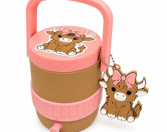 Highland Cow blikjeskoeler met strik, roze bekerhouder met lusjeopener