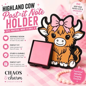 Notitiehouder Highland Cow | Roze bureauorganizer met strik | 3D-geprint westerndecor
