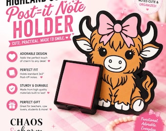 Highland Cow Sticky Note Holder | Pink Bow Desk Organizer | 3D Printed Western Decor