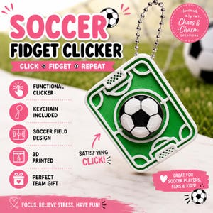 May include: A 3D printed soccer fidget clicker featuring a green rectangular field design with white markings and a central black and white soccer ball button. The device includes a silver metal ball chain keychain attached to the top corner.
