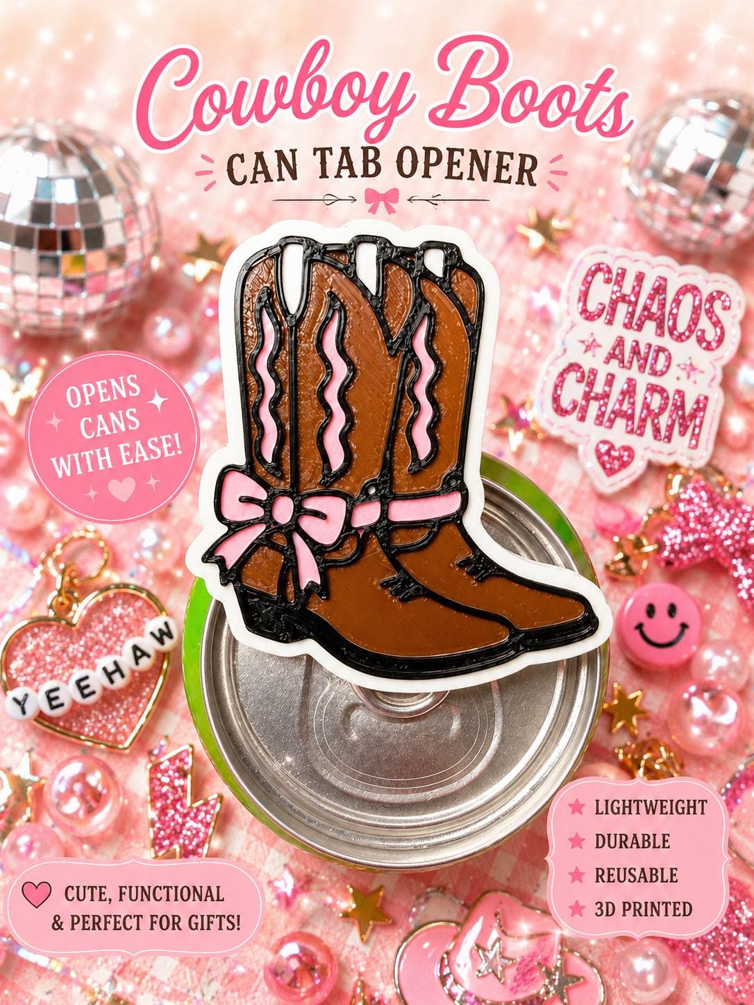 Pink Cowboy Boot Can Tab Opener | Western Drink Accessory (3D