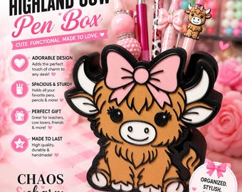 Highland Cow Pen Holder | Pink Bow Desk Organizer | 3D Printed Western Decor