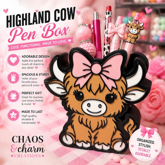 Highland Cow Pen Holder | Pink Bow Desk Organizer | 3D Printed Western Decor