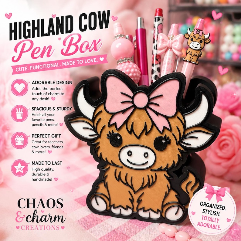 Highland Cow Pen Holder | Pink Bow Desk Organizer | 3D Printed Western Decor image 1