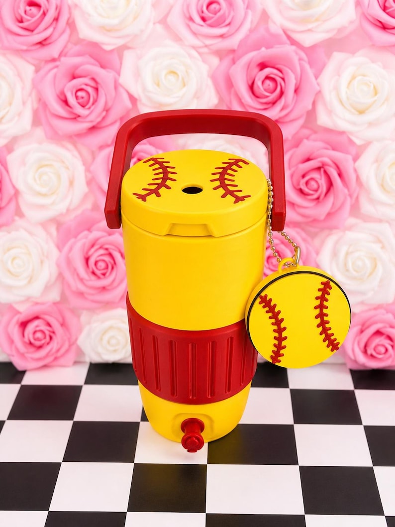 May include: A yellow softball water cooler with red handle and accents. The lid features red stitching details, and a matching softball charm hangs from the side. The cooler has a red base and a spigot for dispensing liquids.