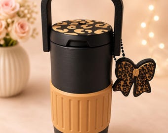 Leopard Print Can Cooler with Handle and Bow Tab Opener