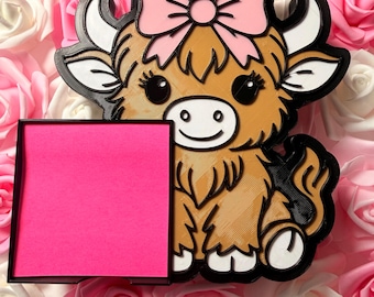 Soporte para notas adhesivas con forma de vaca de las Tierras Altas / Organizador de escritorio con lazo rosa / Decoración del Oeste impresa en 3D
