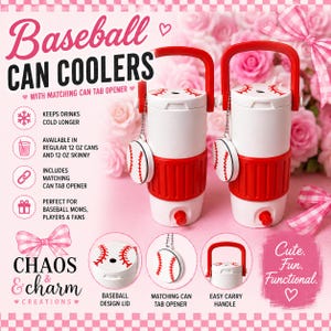 12oz Skinny Can Cooler, Baseball Stitch Design, Sports Mom Beverage Holder image 1