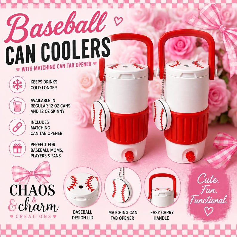 12oz Skinny Can Cooler, Baseball Stitch Design, Sports Mom Beverage Holder image 1
