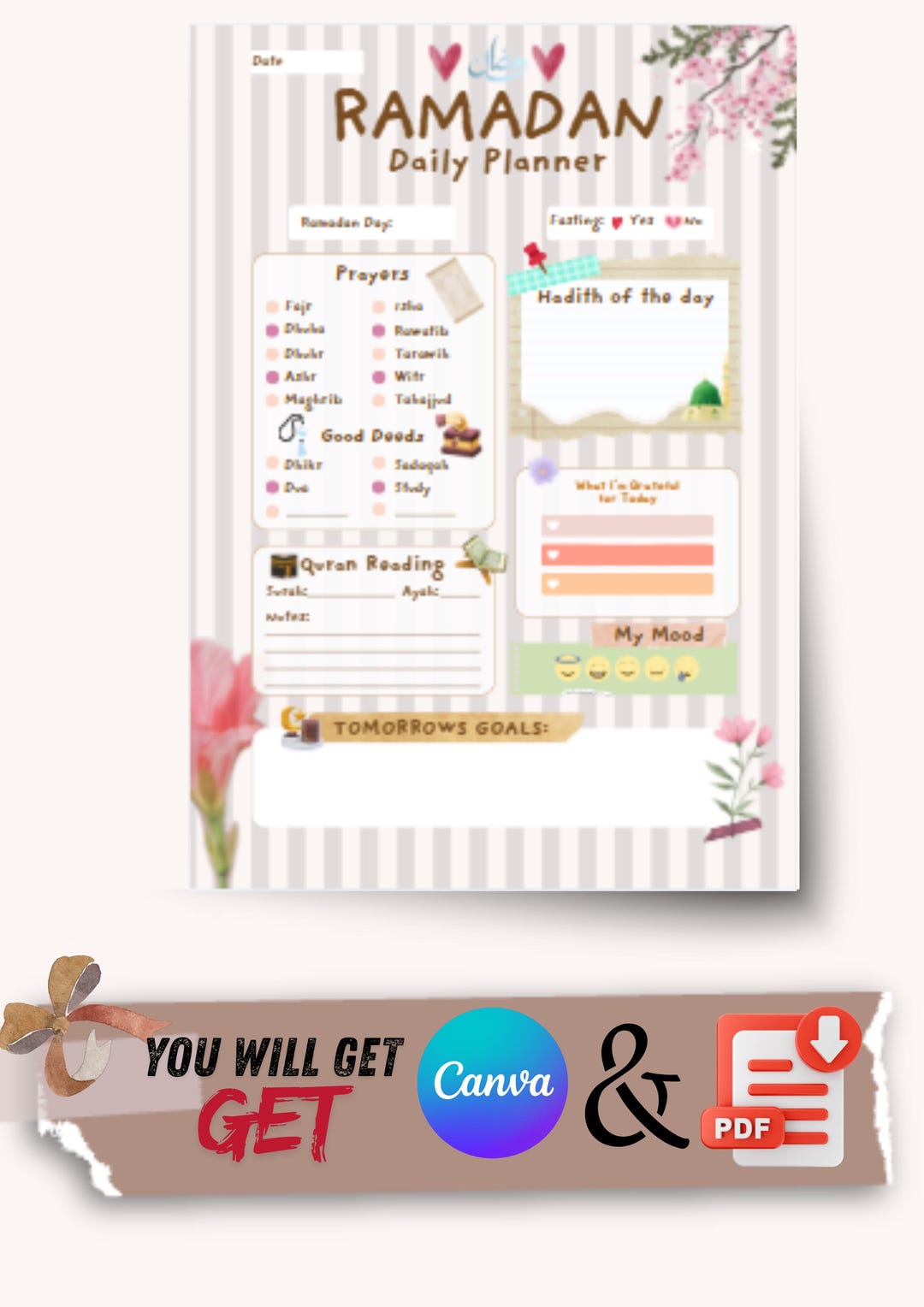 Ramadan Daily Planner | Printable PDF + Editable Canva Template ...
