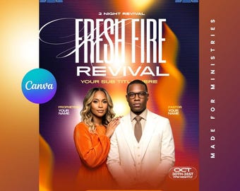 May include: A promotional poster template with the text "FRESH FIRE REVIVAL" in large white letters. The poster features two people, a woman in an orange dress and a man in a white suit. The poster is designed for Canva and includes event details.