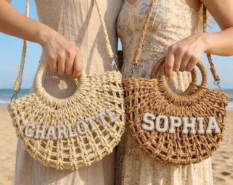 Custom Woven Straw Half-Moon Bag, Summer Shoulder Tote Bach Party