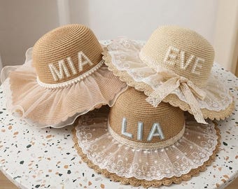 Personalized Straw Sun Hat for Kids: Lace Trimmed Summer Beach Cap